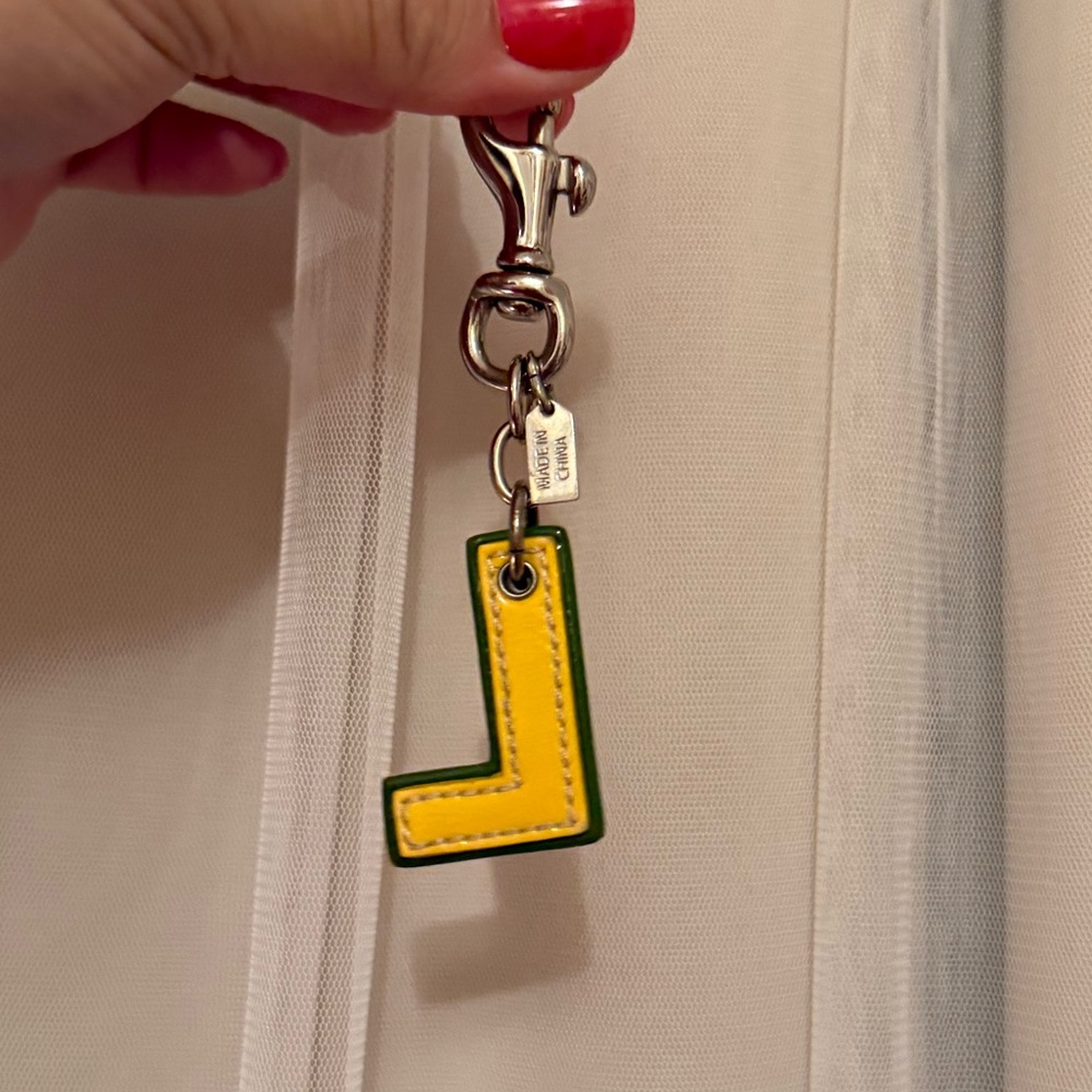 Coach Silver L Initial Keychain with Green Trim Charm - Picture 2 of 5